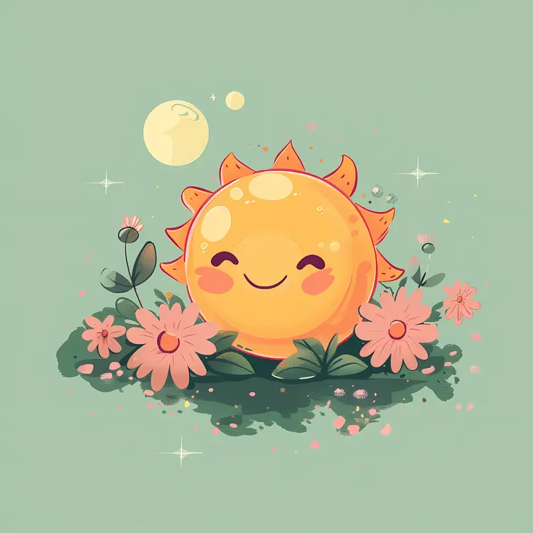 Cute Smiling Sun with Flowers