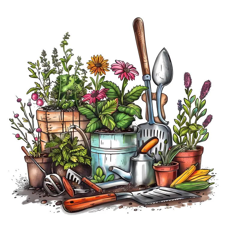 Gardening Tools and Potted Plants