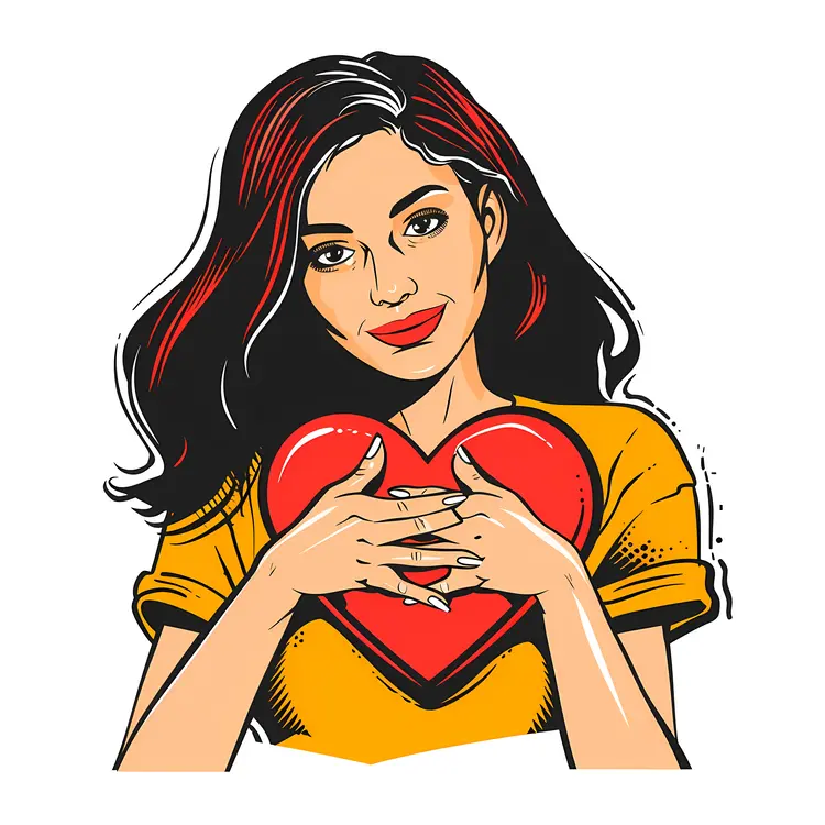 Cartoon Girl Holding Heart in Yellow Shirt