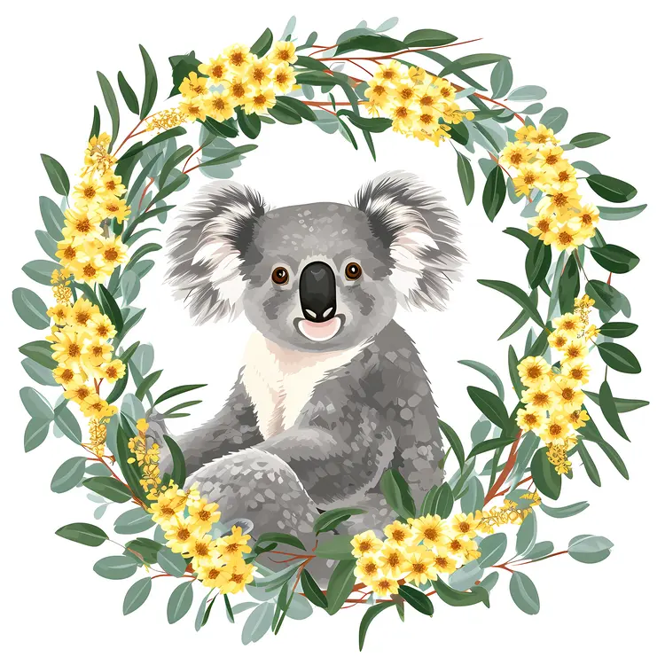 Koala with Yellow Flowers and Eucalyptus Wreath