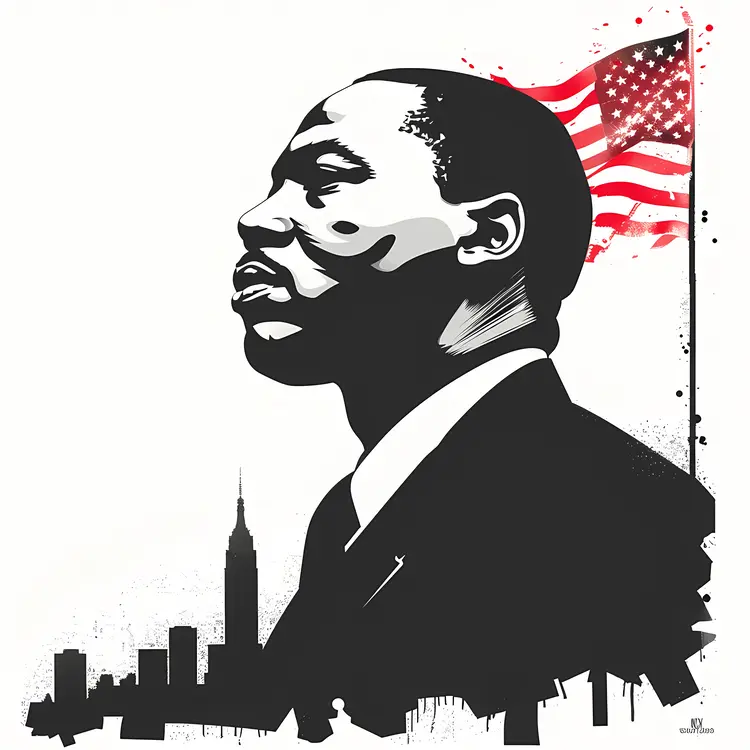 Man in Suit with American Flag and Cityscape