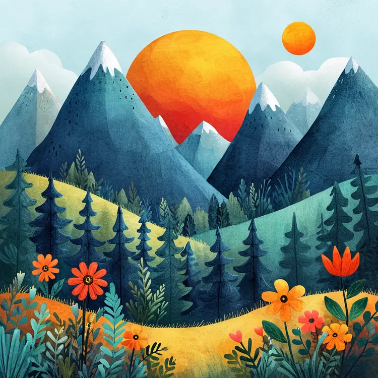 Mountains with Sun and Flowers