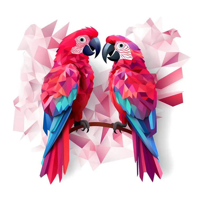 Geometric Red Parrots with Leaves