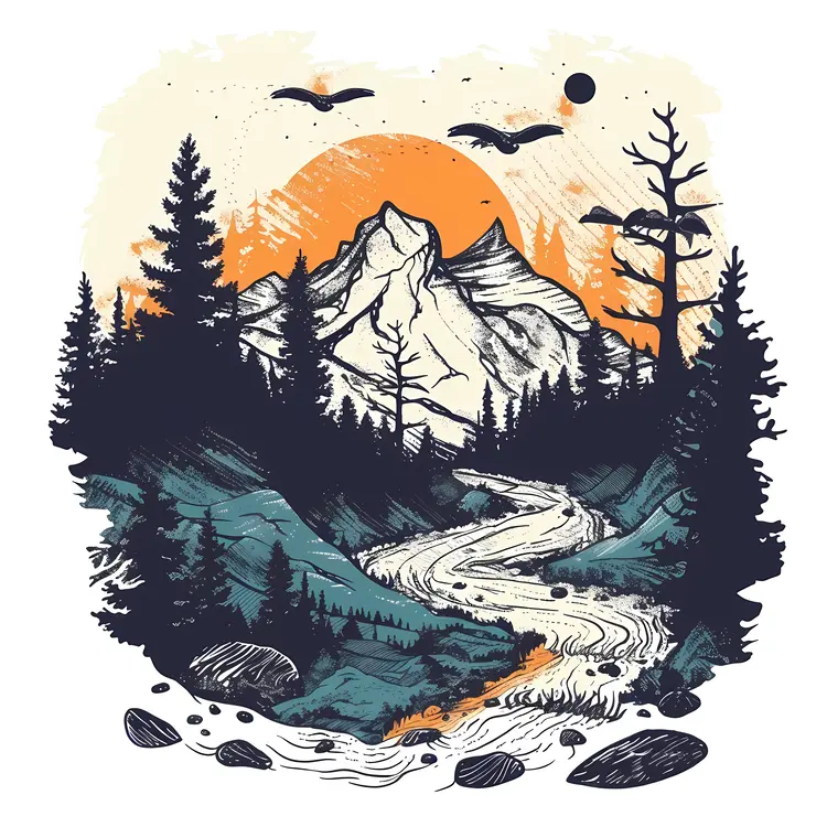 Mountain with River at Sunset