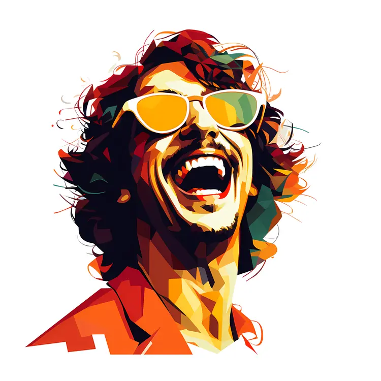 Laughing Man with Curly Hair and Sunglasses in Abstract Style