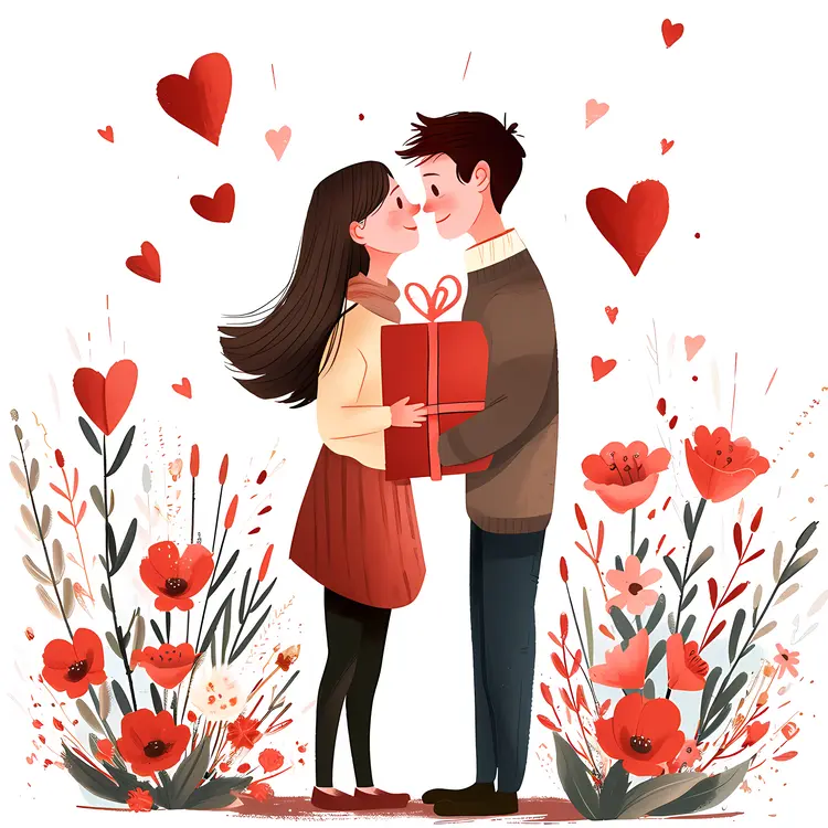 Couple Sharing a Gift with Hearts and Flowers