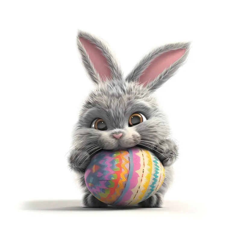 Gray Bunny Holding Colorful Easter Egg