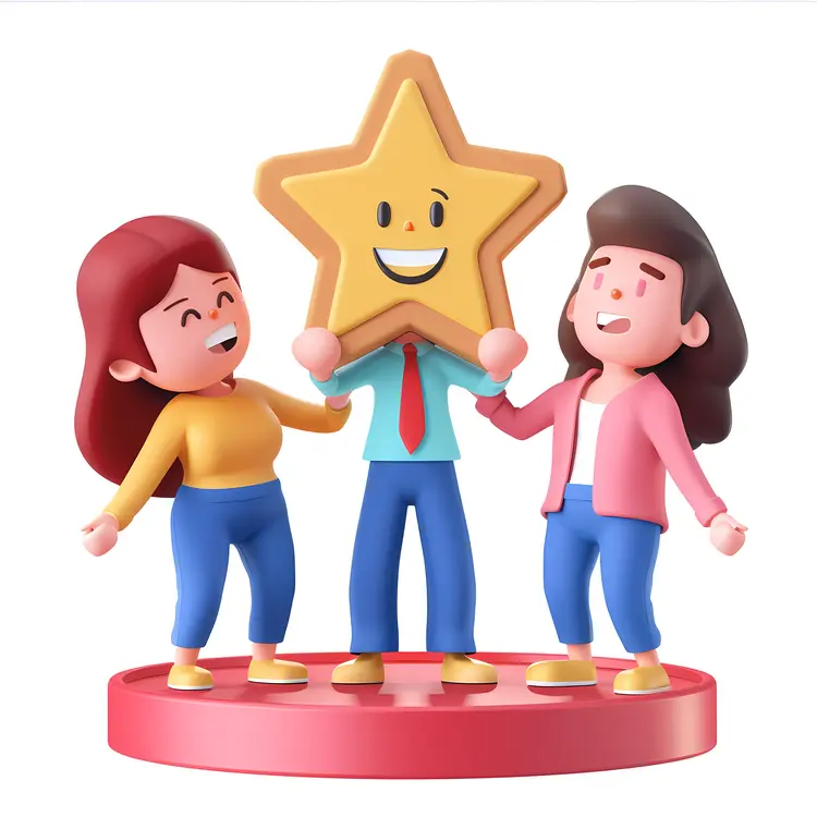 3D Cartoon Team Celebrating with Star Head Man