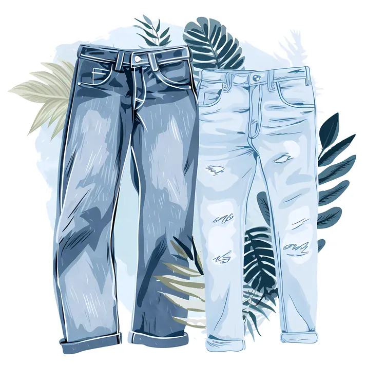 Dark Blue and Light Blue Jeans with Leaf Background