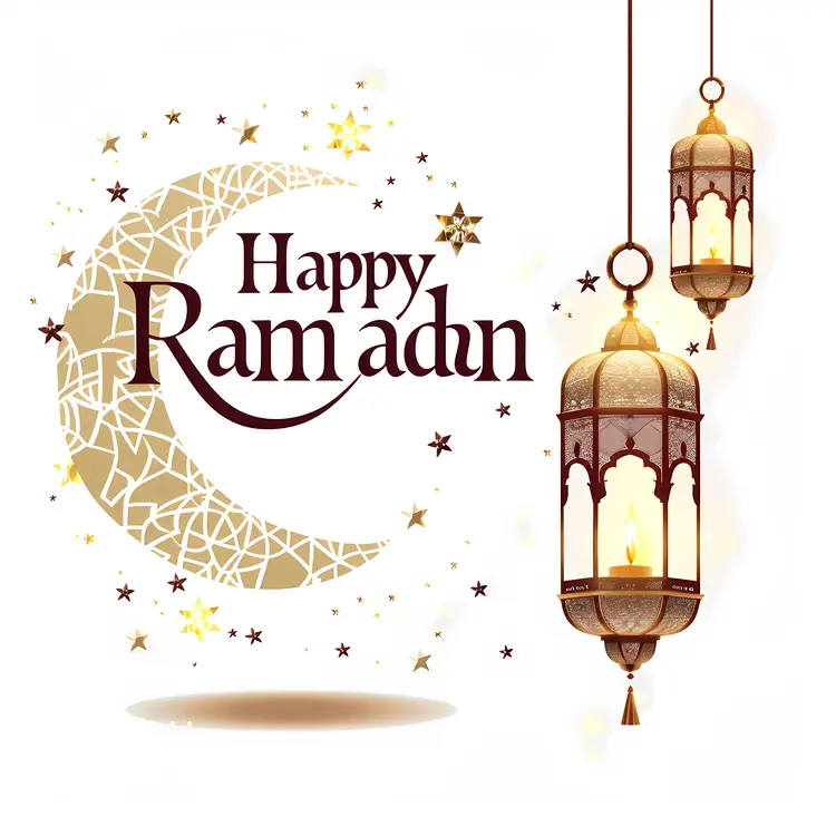 Happy Ramadan with Lanterns and Crescent Moon