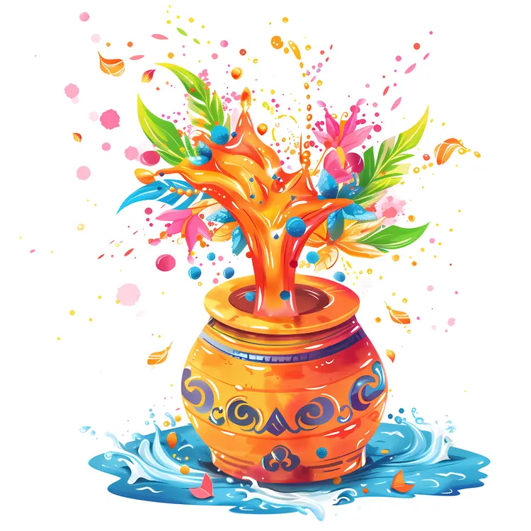 Decorative Pot with Colorful Splashes and Leaves