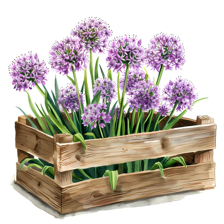 Purple Allium Flowers in a Wooden Crate