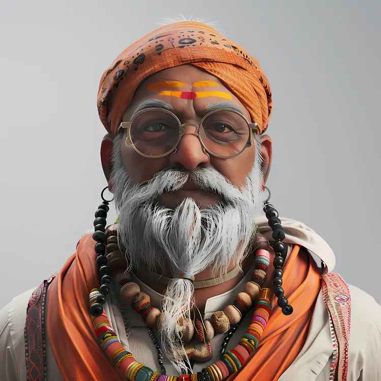 Elderly Man in Traditional Attire with Beads and Turban
