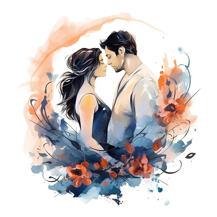 Loving Couple Embracing with Floral Background