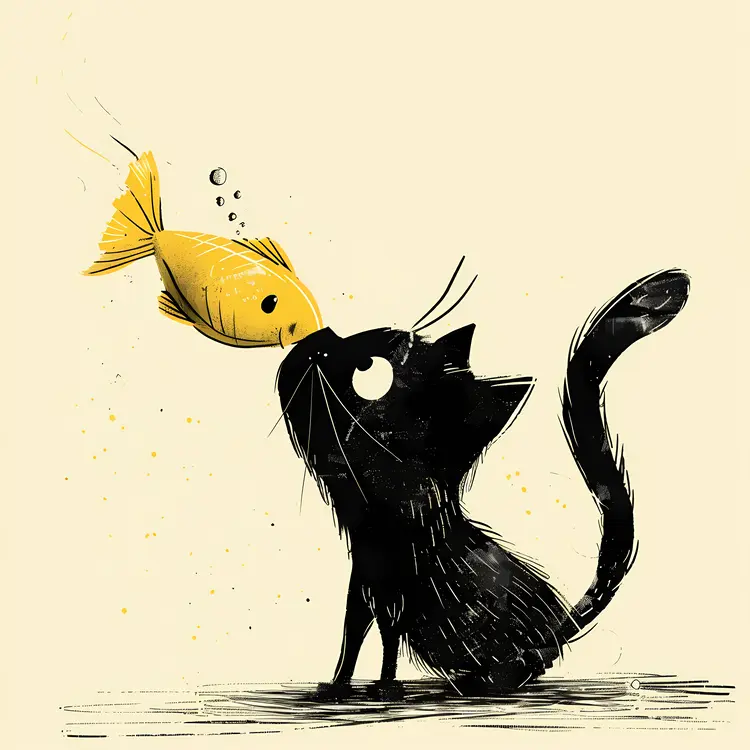 Black Kitten and Yellow Goldfish