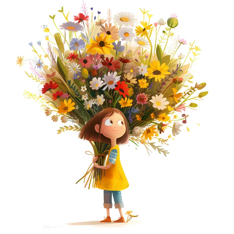 Girl Holding a Large Bouquet of Colorful Wildflowers