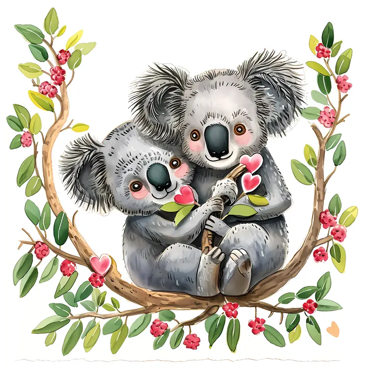 Koalas Holding Heart with Floral Frame