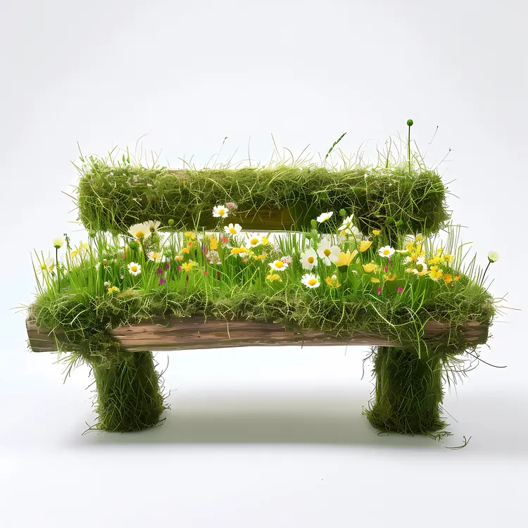 Grass Bench with Yellow and White Flowers