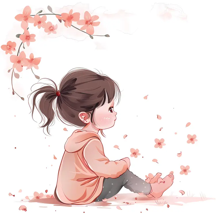 Girl Sitting with Pink Blossoms