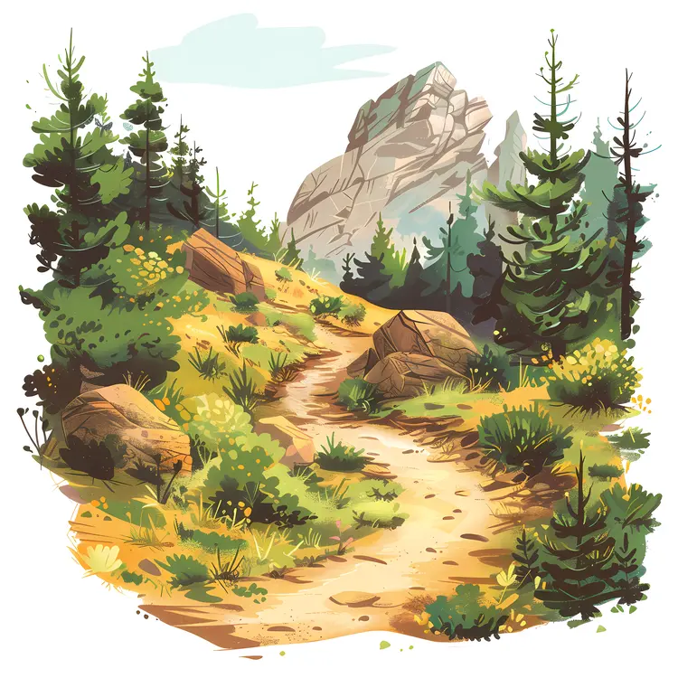 Mountain Trail with Trees in Watercolor Style