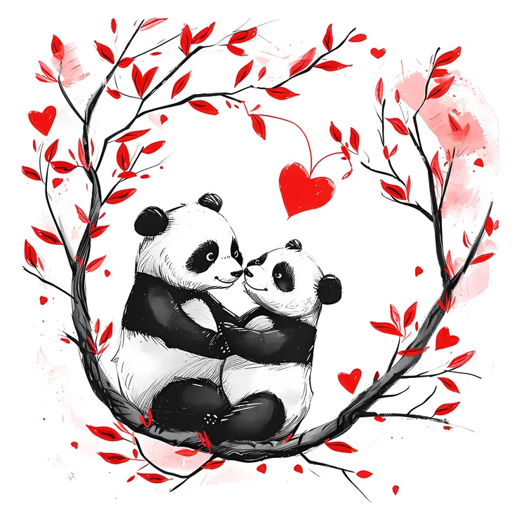 Pandas in Heart-Shaped Frame