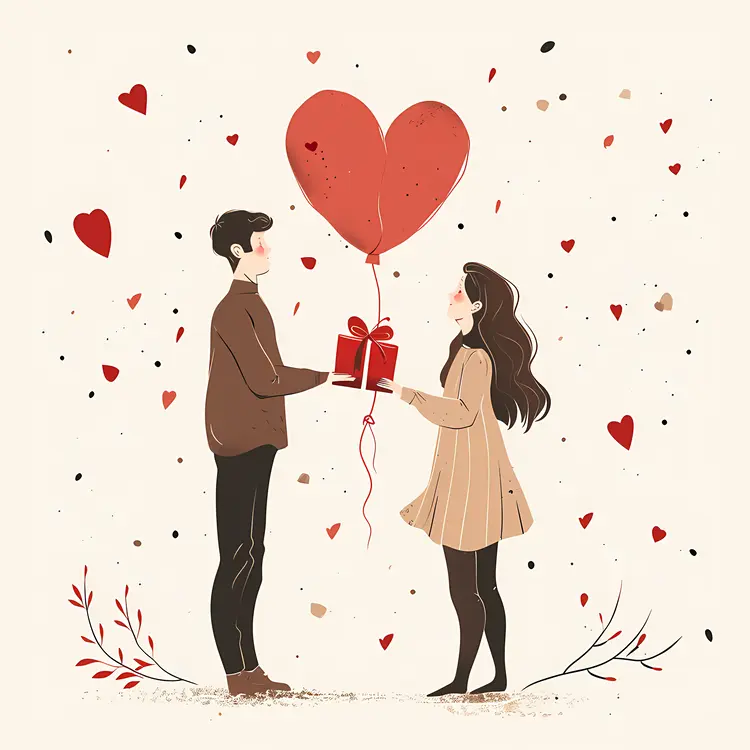 Romantic Couple with Gift and Heart Balloon