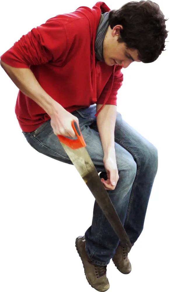 Man in Red Hoodie Sawing