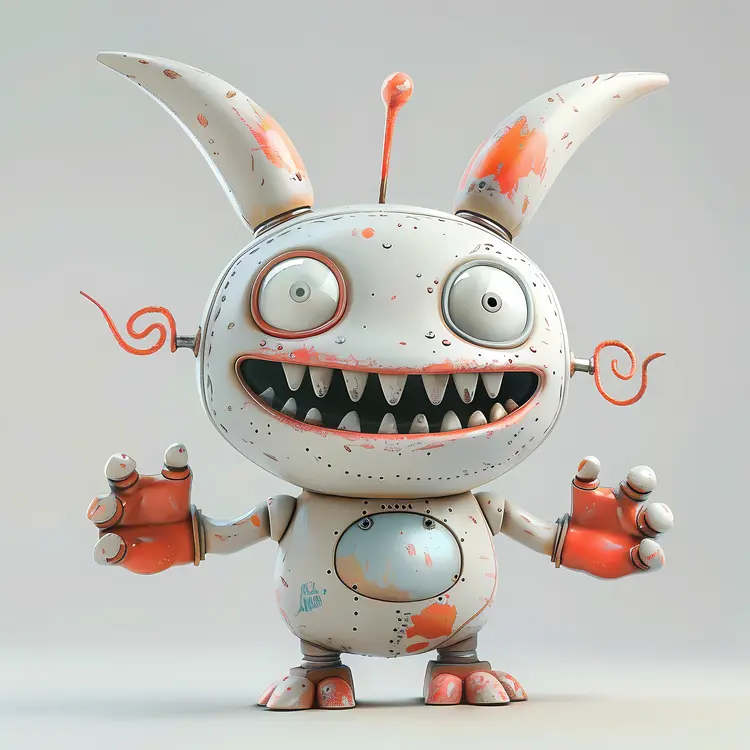 White and Orange Robot Monster with Big Eyes