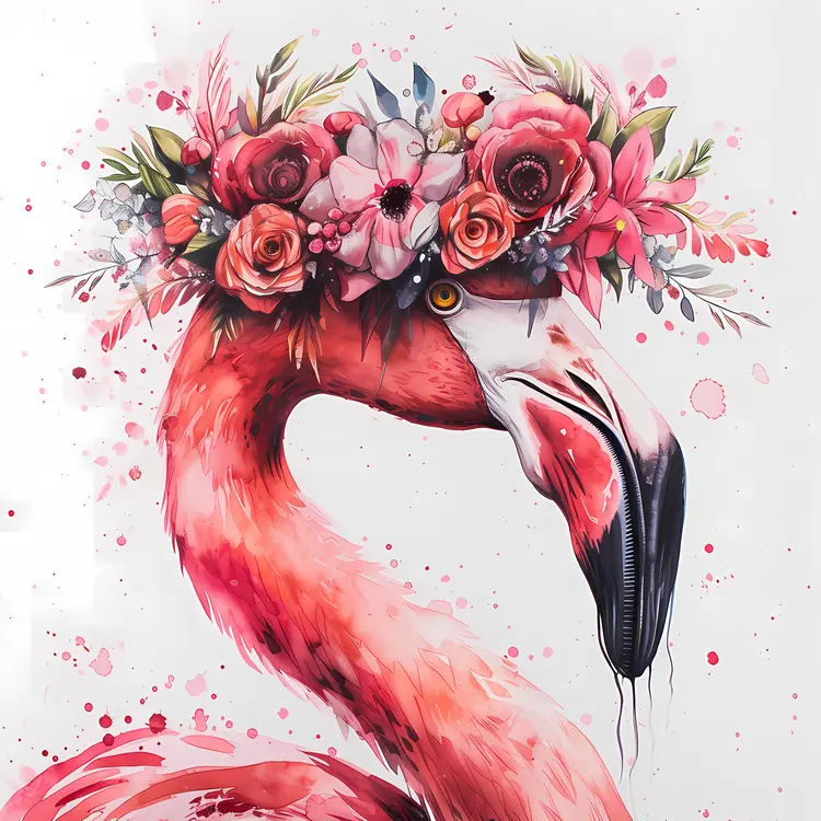 Flamingo with Flower Crown Watercolor Art