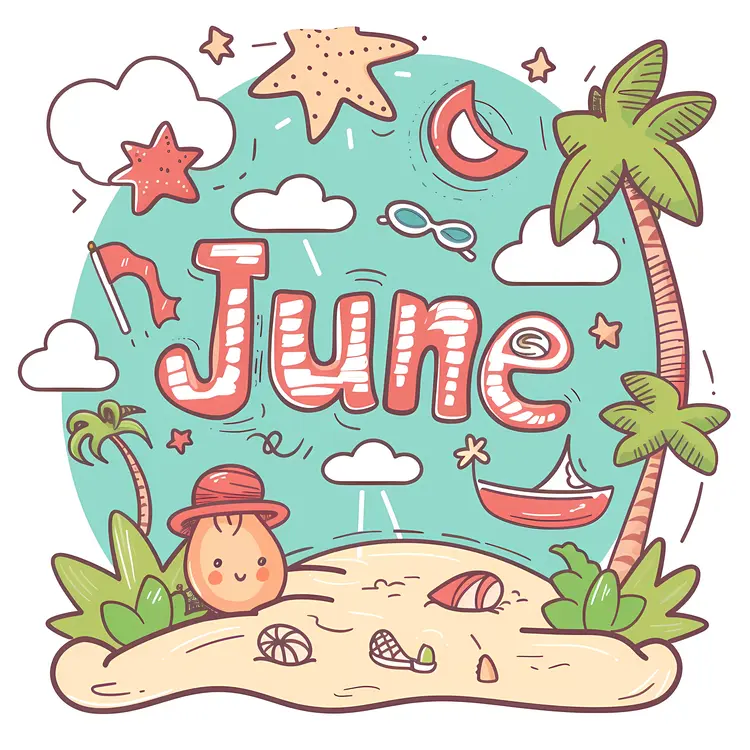 June Word Art with Beach and Summer Elements