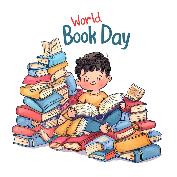 Boy Reading Amongst a Pile of Books for World Book Day