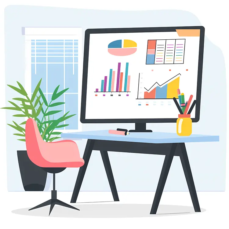 Modern Office Desk with Computer and Charts