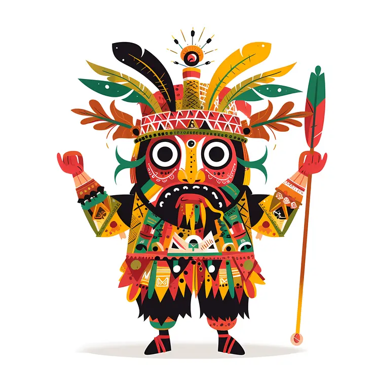 Colorful Tribal Figure with Feathers and Staff