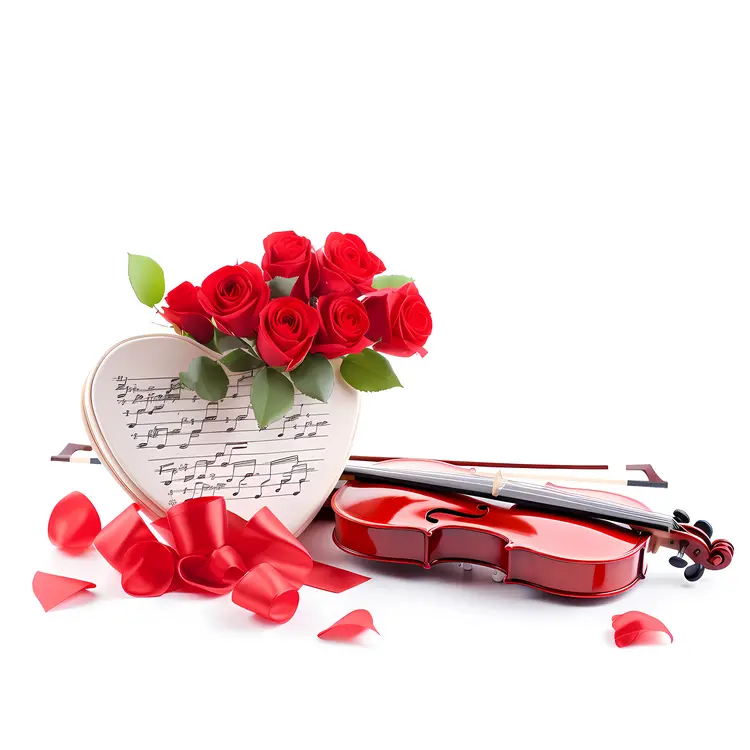 Violin with Red Roses and Music Notes