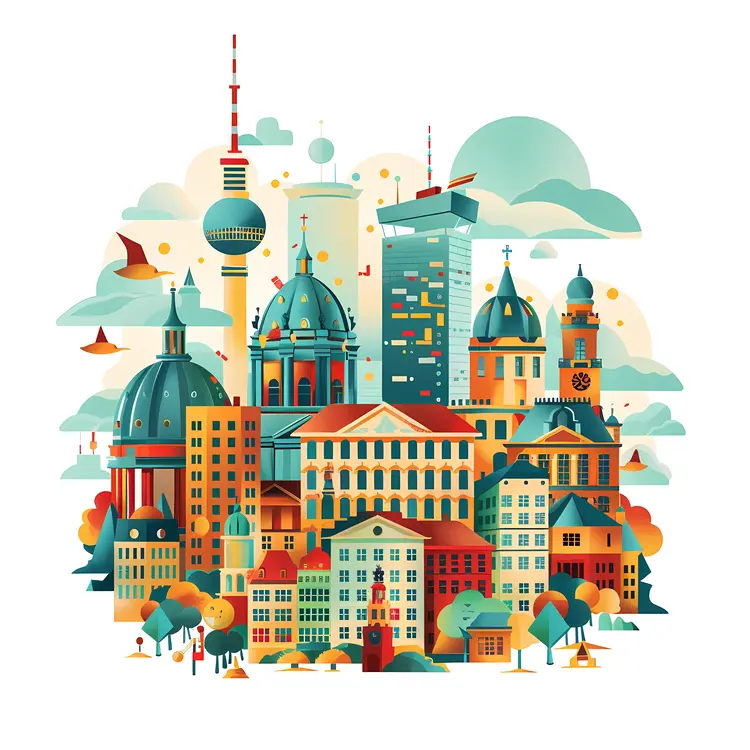 Colorful Cityscape with Landmarks