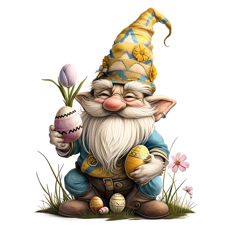 Cute Easter Gnome with Eggs and Flowers