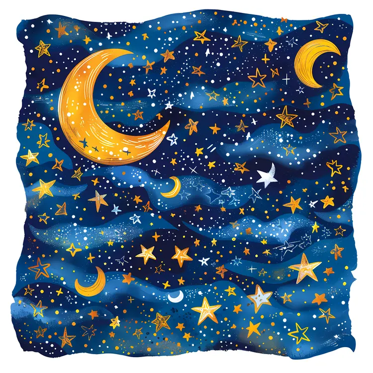 Starry Night Sky with Moons and Stars