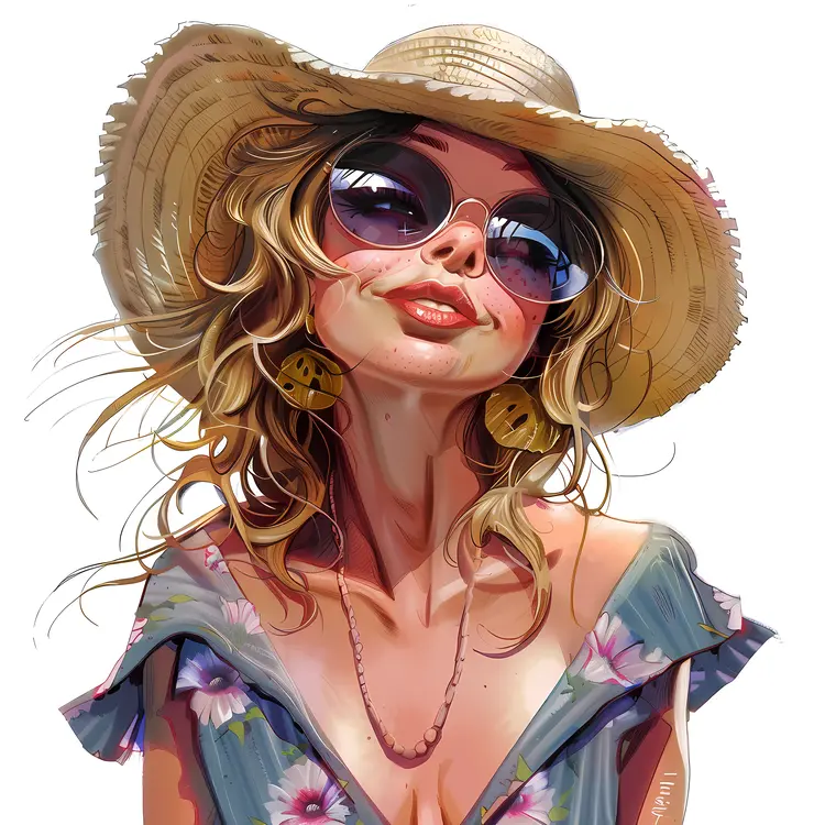 Girl with Sunglasses and Straw Hat Illustration