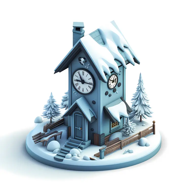 Snowy Clock House with Pine Trees