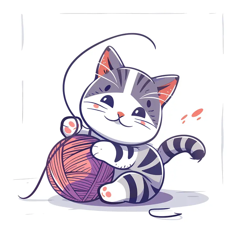 Cute Cat Playing with Yarn Ball