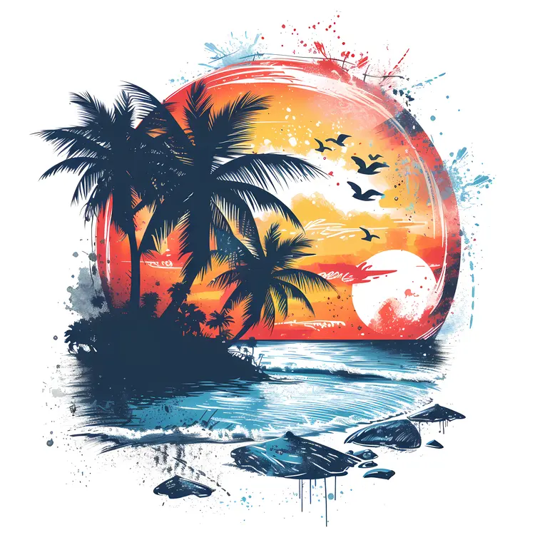 Tropical Beach Sunset with Birds