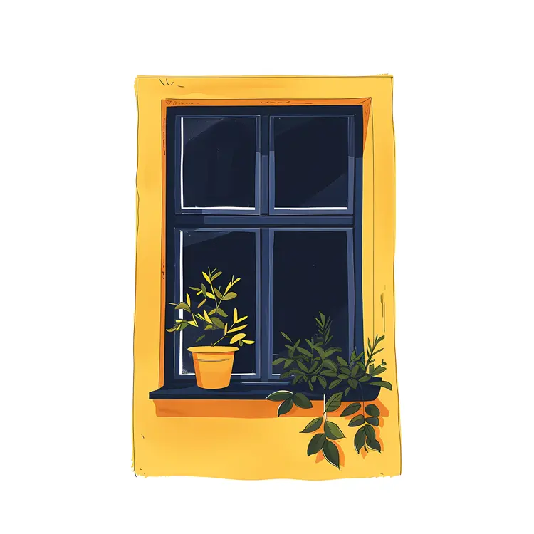Nighttime Window with Green Plants