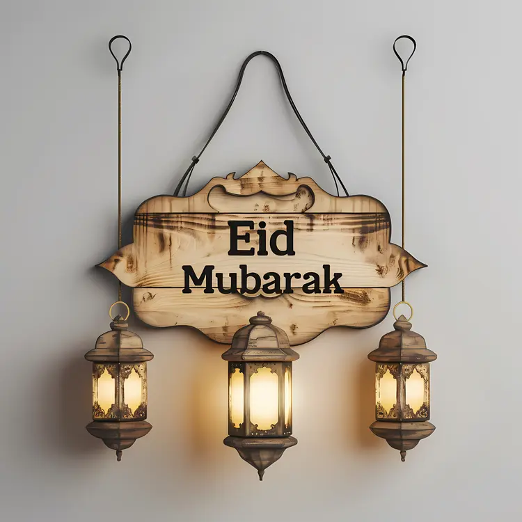 Eid Mubarak Wooden Sign with Lanterns