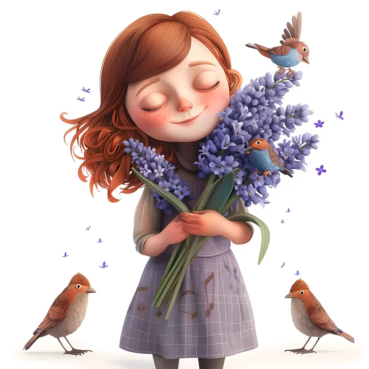 Smiling Girl Holding Lavender Flowers with Birds