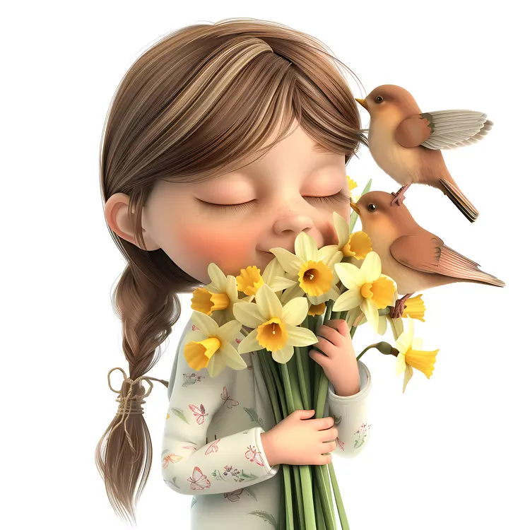 Girl Holding Daffodils with Birds