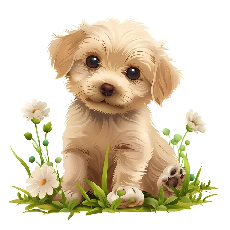 Cute Puppy in Grass with Flowers