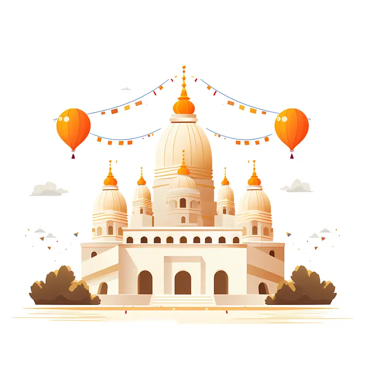 Temple with Flags and Balloons