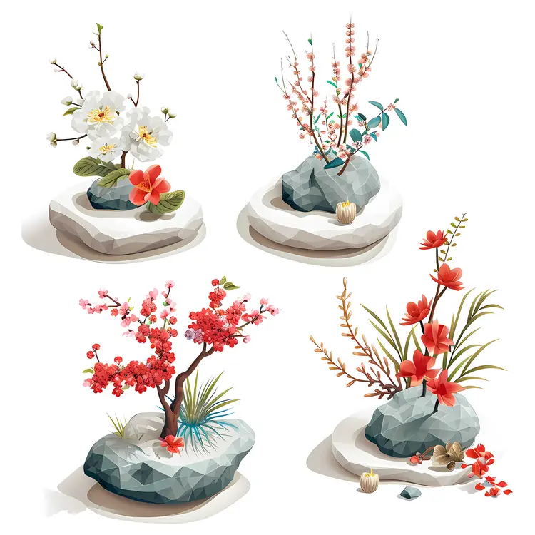 Various Artistic Floral Arrangements on Rocks