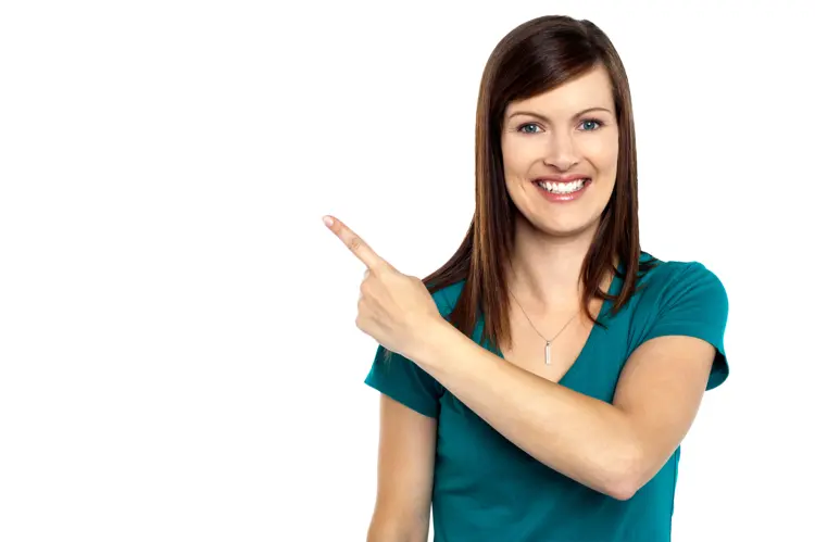 Smiling Woman in Shirt Pointing