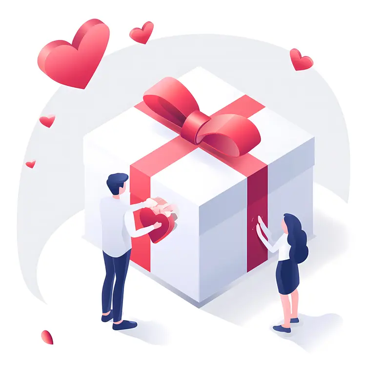Couple with a Large Gift Box and Hearts